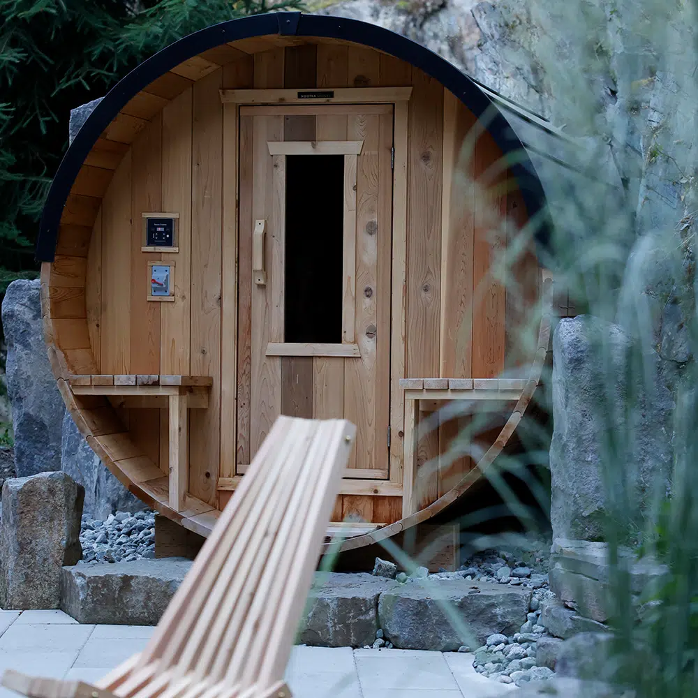 Barrel sauna outdoors